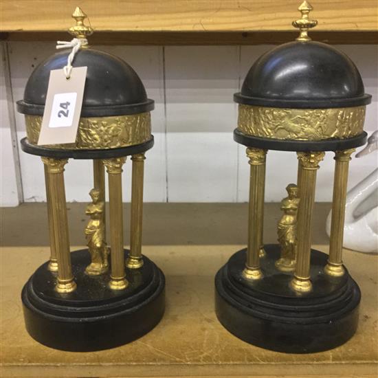 Pair black slate & gilt metal pavilions, each with classical frieze & figure of Venus (part of clock garniture)